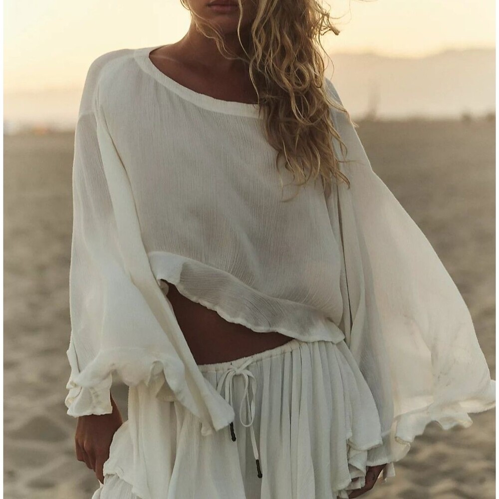 Free People Free Est Delilah Cropped Blouse Top Ruffle Boat Neck Solid XS 291106